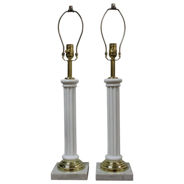 Glass Empire Column Lamps on Marble Bases circa 1940s
