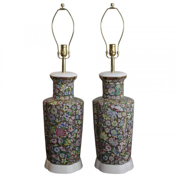 Porcelain Japanese Lamps Decorated in Hong Kong circa 1960s