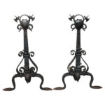 Monumental Pair of Forged Iron Spanish Revival Andirons