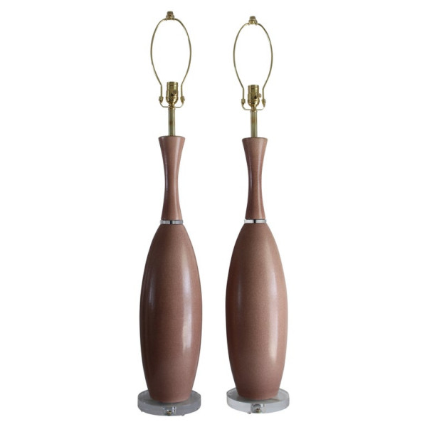 Pair of Mauve Ceramic and Lucite Table Lamps
