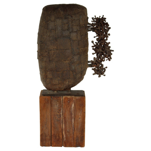 Brutalist Steel Sculpture on Wood Base