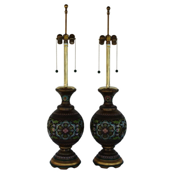 Pair of Champlevé Lamps by The MARBRO Lamp Company, Los Angeles, CA. by MARBRO Lamp Company