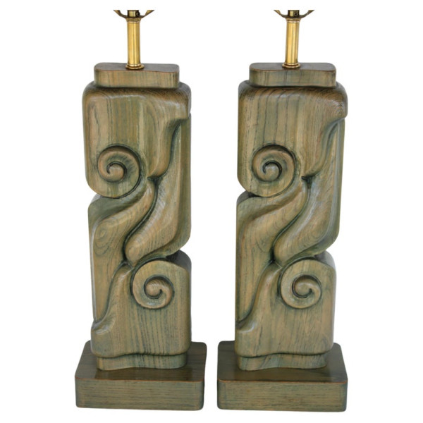 Pair of Cerused Wood Abstract Table Lamps