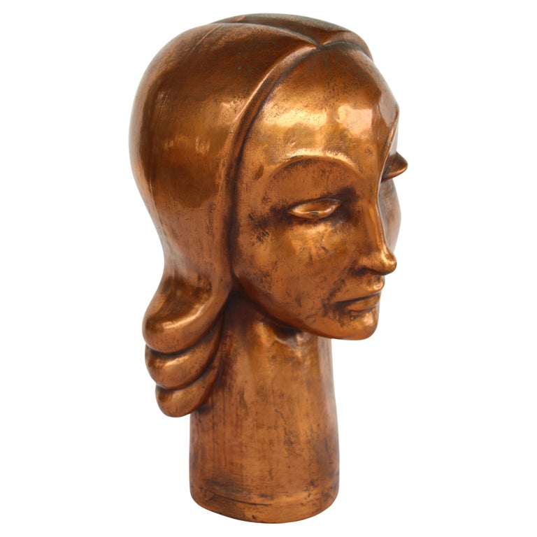 Art Deco Copper Sculpture Female Portrait circa 1930s