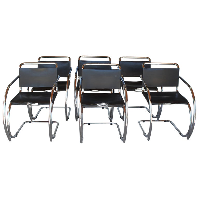 Six MR 20 Black Leather Arm Chairs by Mies van der Rohe by Mies van der Rohe circa 1970s/80s