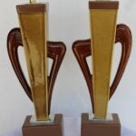 Pair of Abstract Ceramic and Wood Lamps