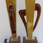 Pair of Abstract Ceramic and Wood Lamps