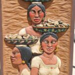 Carved Frame with Three Women with Mesmerizing Eyes carrying Flowers