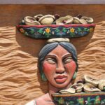Carved Frame with Three Women with Mesmerizing Eyes carrying Flowers