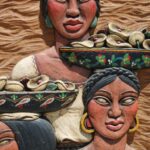 Carved Frame with Three Women with Mesmerizing Eyes carrying Flowers