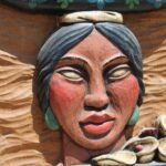 Carved Frame with Three Women with Mesmerizing Eyes carrying Flowers