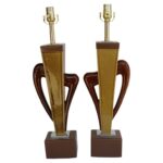 Pair of Abstract Ceramic and Wood Lamps