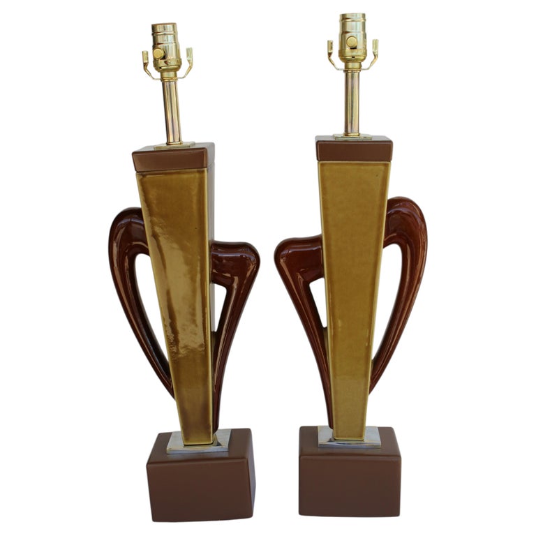 Pair of Abstract Ceramic and Wood Lamps circa 1940s