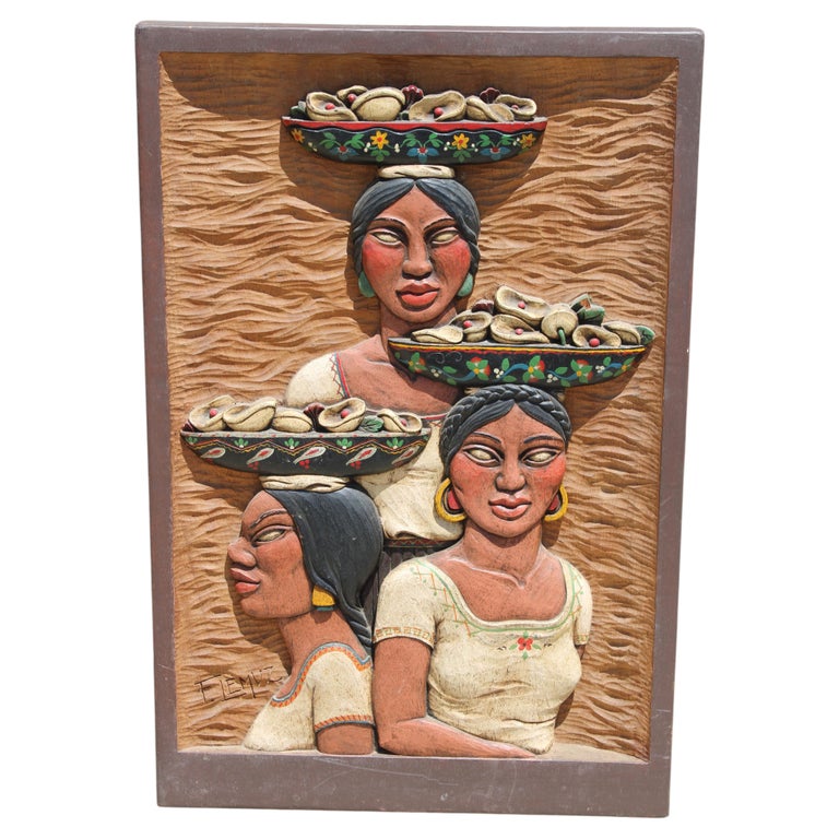 Carved Frame with Three Women with Mesmerizing Eyes carrying Flowers circa 1950s