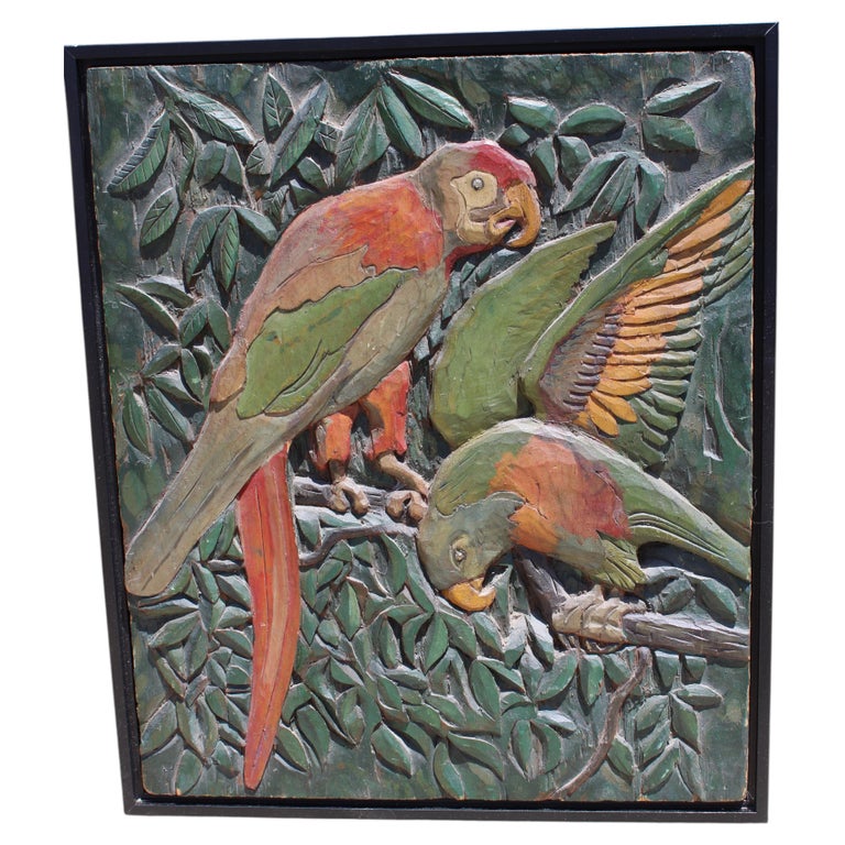 Carved Wood Panel with Two Parrots circa 1940s
