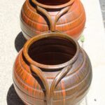Pair of Handled Orange, Charcoal Stoneware Planters
