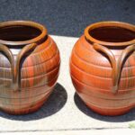 Pair of Handled Orange, Charcoal Stoneware Planters