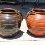 Pair of Handled Orange, Charcoal Stoneware Planters
