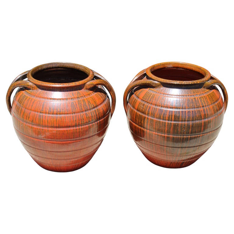 Pair of Handled Orange, Charcoal Stoneware Planters circa 1950s