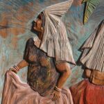 Hand-Carved Wood Panel “Two Ninas” by Jose Sevill, Folk Art, 1950s