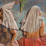 Hand-Carved Wood Panel “Two Ninas” by Jose Sevill, Folk Art, 1950s
