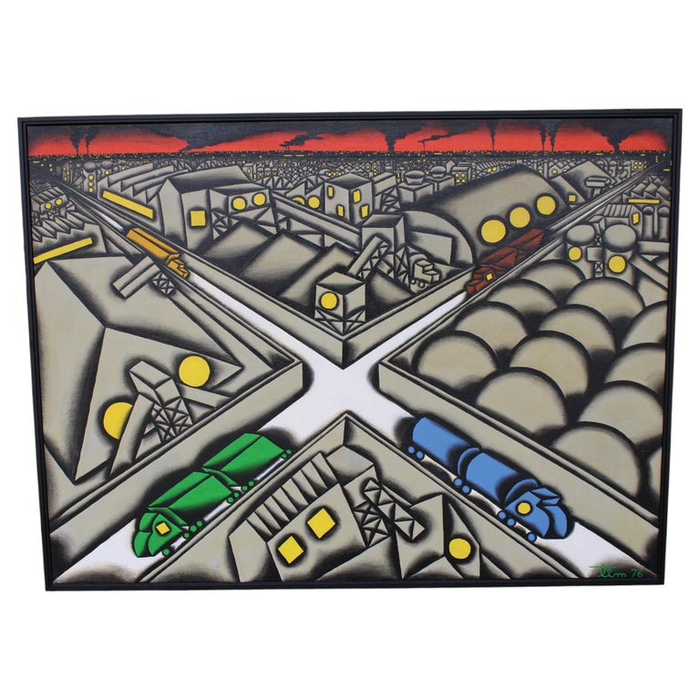 Pop Art Oil painting signed Tim 76 circa 1970s