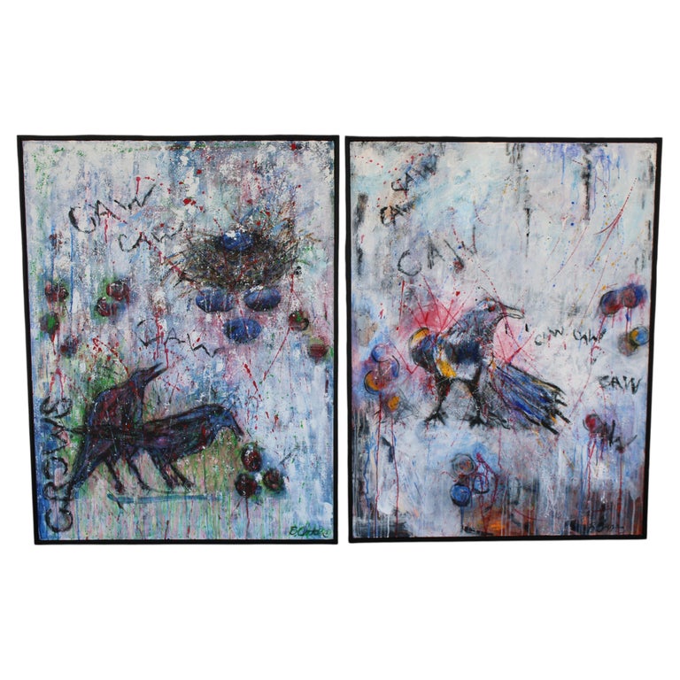 Pair of Acrylic Paintings by Betty O’Hare, Titled Crows by Betty O'hare circa 2000