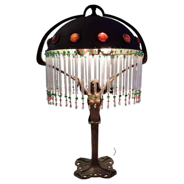 Bronze Lamp by Albert Reimann (cabachon jewels, glass rod, bead fringe) by Albert Reimann circa 1905