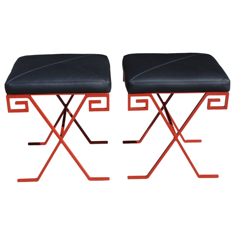 Pair of Steel and Leather Ottomans circa 2020